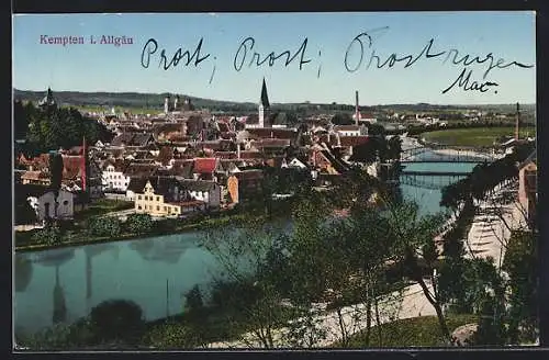 AK Kempten / Allgäu, Panorama mit Kirchtürmen und Brücke