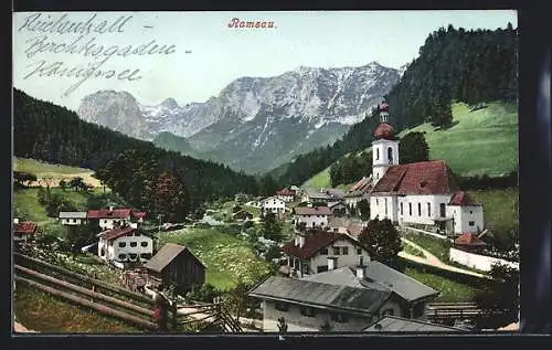 AK Ramsau / Berchtesgaden, Ortsansicht mit Kirche und Bergen