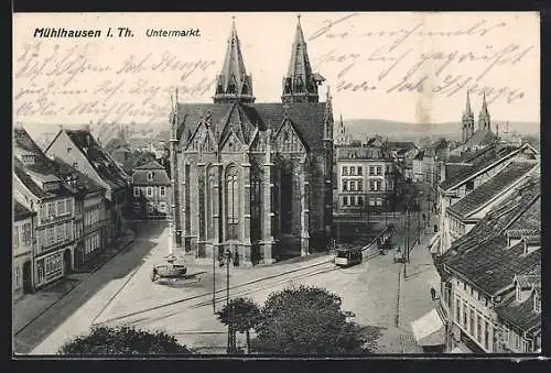AK Mühlhausen / Thür., Untermarkt mit Strassenbahn aus der Vogelschau