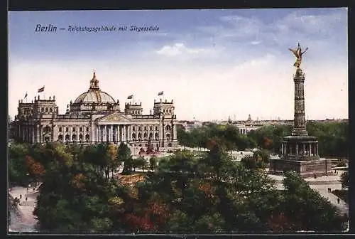 AK Berlin, Reichstagsgebäude mit Siegessäule