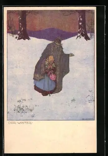 Künstler-AK Ernst Kutzer: Allegorie, Der Winter, König teilt seinen Mantel mit einer alten Frau