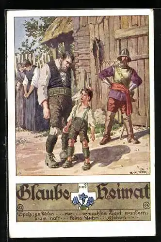 Künstler-AK Ernst Kutzer: Glaube und Heimat, Soldat wartet auf den Bauern