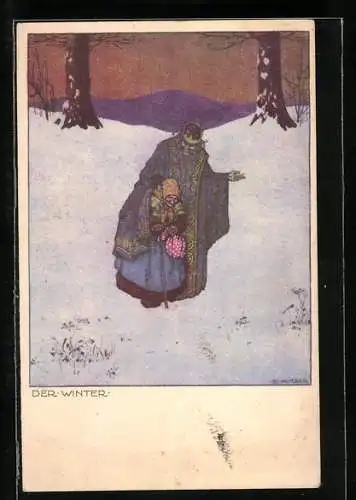 Künstler-AK Ernst Kutzer: Allegorie, Der Winter, König teilt seinen Mantel mit einer alten Frau