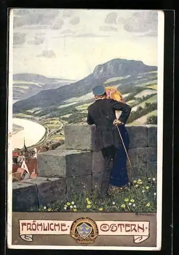 Künstler-AK Ernst Kutzer: Student mit Frau an einer Mauer, Ostergruss