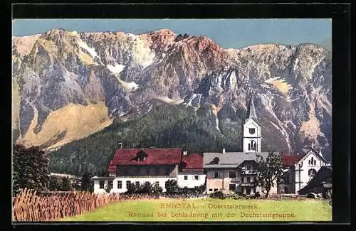 AK Ramsau /Dachstein, Teilansicht mit Kirche und Dachsteingruppe