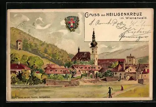 Lithographie Heiligenkreuz /N.-Ö., Ortsansicht, Wappen