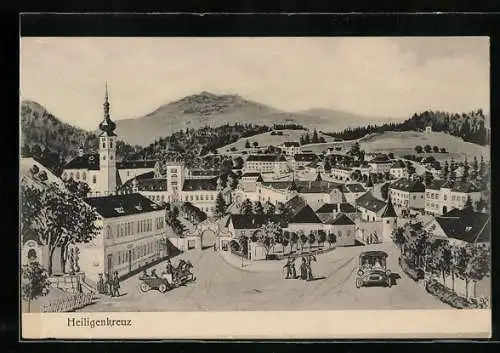 AK Heiligenkreuz /N.-Ö., Ortsansicht mit Platz und Kirche