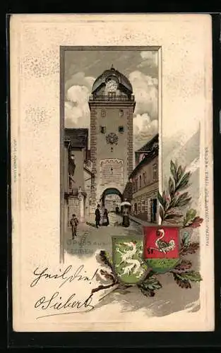 AK Leoben, Blick zum Stadttor, Mistelzweig und Wappen