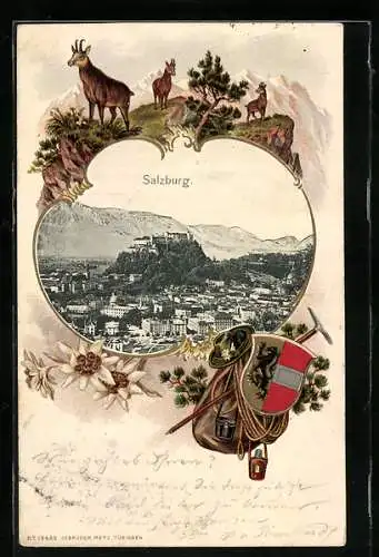 Passepartout-Lithographie Salzburg, Panorama der Stadt, Gemsen, Wappen und Bergsteigerausrüstung