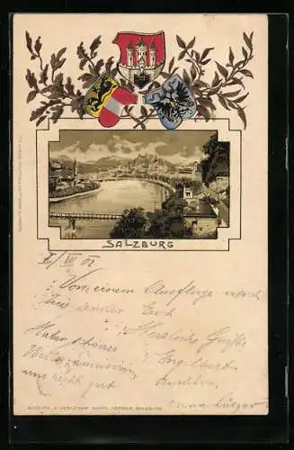 Lithographie Salzburg, Panorama, Wappen mit Lorbeer und Eichenlaub