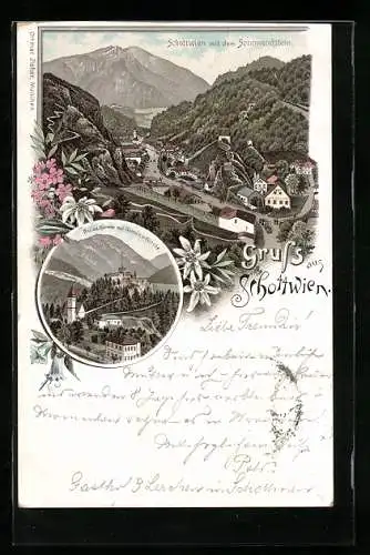 Lithographie Schottwien, Ruine Klamm mit Schule u. Kirche, Ortsansicht mit Sonnwendstein