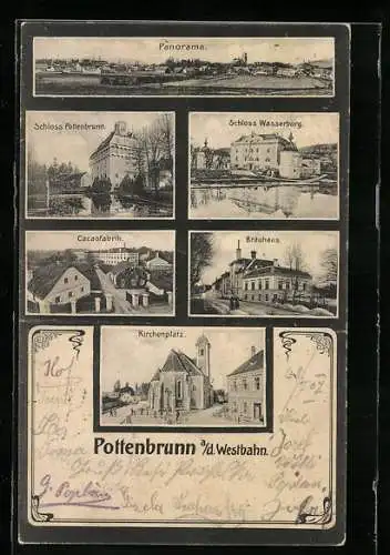 AK Pottenbrunn a. d. Westbahn, Cacaofabrik, Bräuhaus, Kirchenplatz, Schloss
