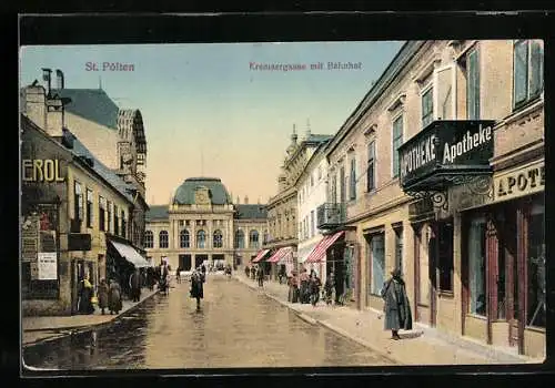 AK St. Pölten, Kremsergasse mit Bahnhof und Apotheke