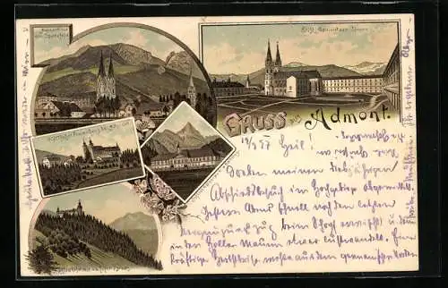 Lithographie Admont, Stift Admond von Jennen, Schloss Kaiserau, Wallfahrt Frauenberg