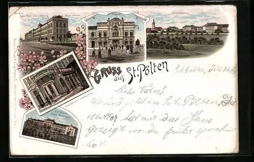 Lithographie St. Pölten, K. K. Militär Unter-Realschule, Theater, Kaiser Franz Josef u. Erzherzog Rainer Kaserne