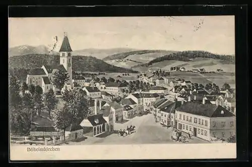 AK Böheimkirchen, Strassenpartie und Kirche aus der Vogelschau