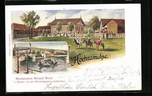 Lithographie Gablitz, Hochramalpe, Restaurant Wenzel Wech und Schiesstätte, Uferpartie mit Booten