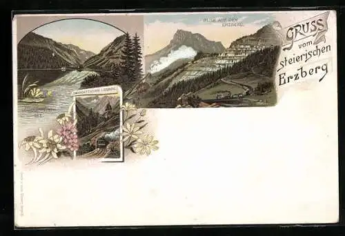Lithographie Eisenerz /steierischer Erzberg, Schichtturm, Leopoldsteinef. See, Blick auf Erzberg