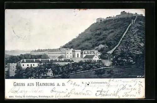 Lithographie Hainburg a. d. Donau, Ortspartie mit Blick nach der Burgruine