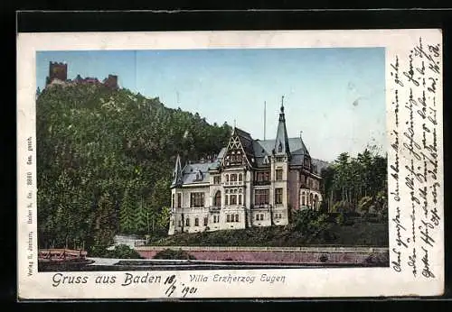 Goldfenster-AK Baden, Blick auf die Villa Erzherzog Eugen