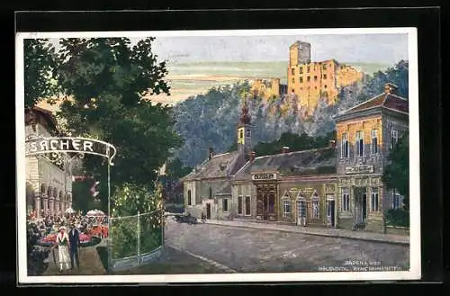 Künstler-AK Baden b. Wien, Ruine Rauhenstein mit Cafe im Helenenthal