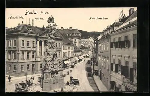 AK Baden, Hauptplatz mit Rathaus und Hotel Stadt Wien
