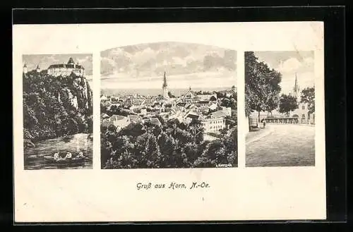 AK Horn /N.-Oe., Teilansicht mit Kirche, Schloss, Uferpartie