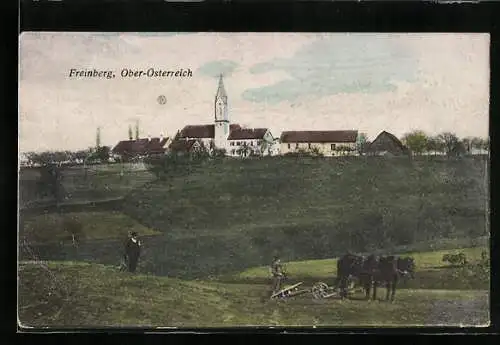 AK Freinberg, Ortsansicht mit Feldern und landwirtschaftlichem Pferdegespann