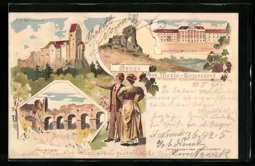 Lithographie Maria Lanzendorf, Amphitheater, Burg und Schloss Liechtenstein