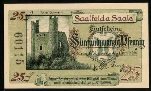 Notgeld Saalfeld a. Saale 1921, 25 Pfennig, Die Burg Hoher Schwarm
