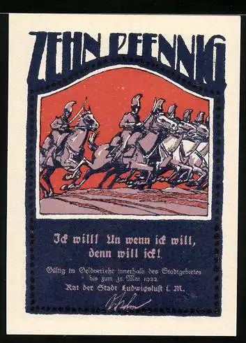 Notgeld Ludwigslust i. M., 10 Pfennig, Die Kavallerie im Angriff