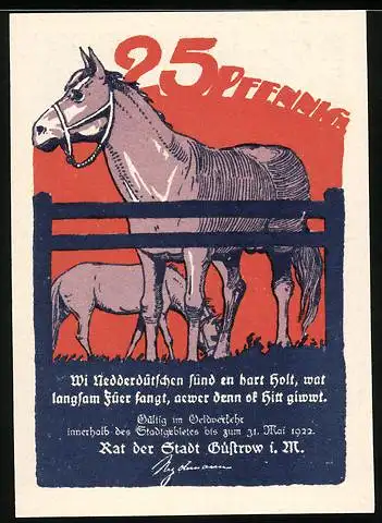 Notgeld Güstrow i. M., 25 Pfennig, Pferde auf der Koppel