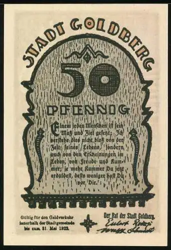 Notgeld Goldberg, 50 Pfennig, Ortspartie mit Anwohnern