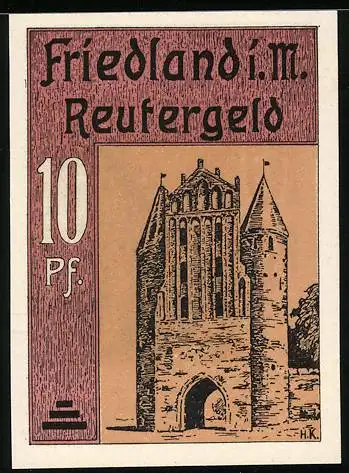 Notgeld Friedland i. M., 10 Pfennig, Blick aufs Stadttor