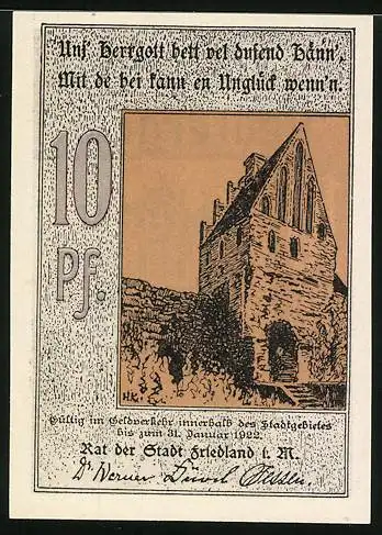Notgeld Friedland i. M., 10 Pfennig, Blick aufs Stadttor