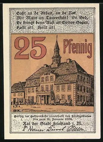 Notgeld Friedland i. M., 25 Pfennig, Das Rathaus