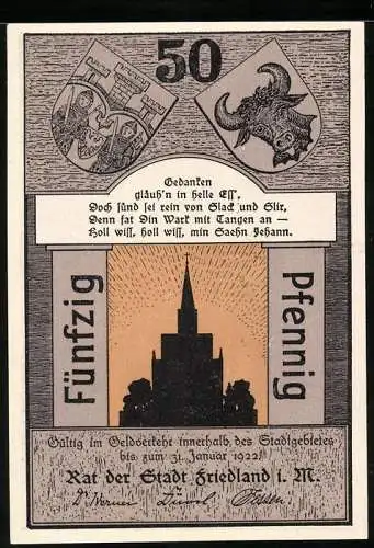 Notgeld Friedland i. M., 50 Pfennig, Blick zur Kirche