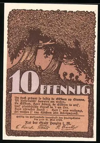 Notgeld Penzlin i. M., 10 Pfennig, Blick zum Tor