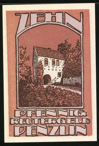 Notgeld Penzlin i. M., 10 Pfennig, Blick zum Tor