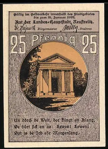 Notgeld Neustrelitz, 25 Pfennig, Ortspartie am Rathaus