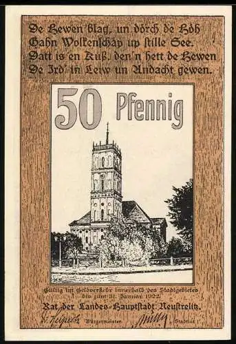 Notgeld Neustrelitz, 50 Pfennig, Ortspartie mit dem Rathausturm