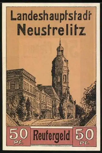 Notgeld Neustrelitz, 50 Pfennig, Ortspartie mit dem Rathausturm