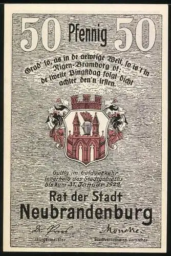 Notgeld Neubrandenburg, 50 Pfennig, Blick auf die Kirche