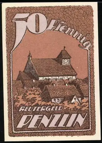 Notgeld Penzlin, 50 Pfennig, Blick auf die Dächer der Ortschaft
