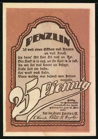 Notgeld Penzlin, 25 Pfennig, Ortspartie