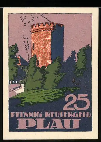 Notgeld Plau i. M., 25 Pfennig, Blick auf den Turm