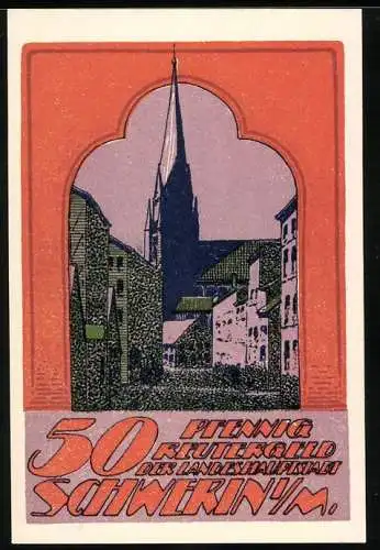 Notgeld Schwerin i. M., 50 Pfennig, Blick zur Kirche