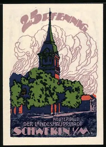 Notgeld Schwerin i. M., 25 Pfennig, Ortspartie mit dem Kirchturm