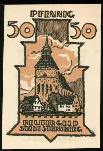 Notgeld Sternberg, 50 Pfennig, Blick zur Kirche