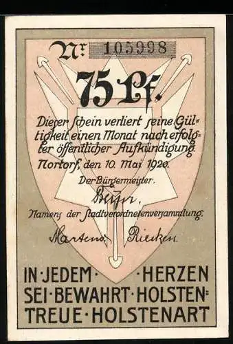 Notgeld Nortorf 1920, 75 Pfennig, Blick zur Kirche